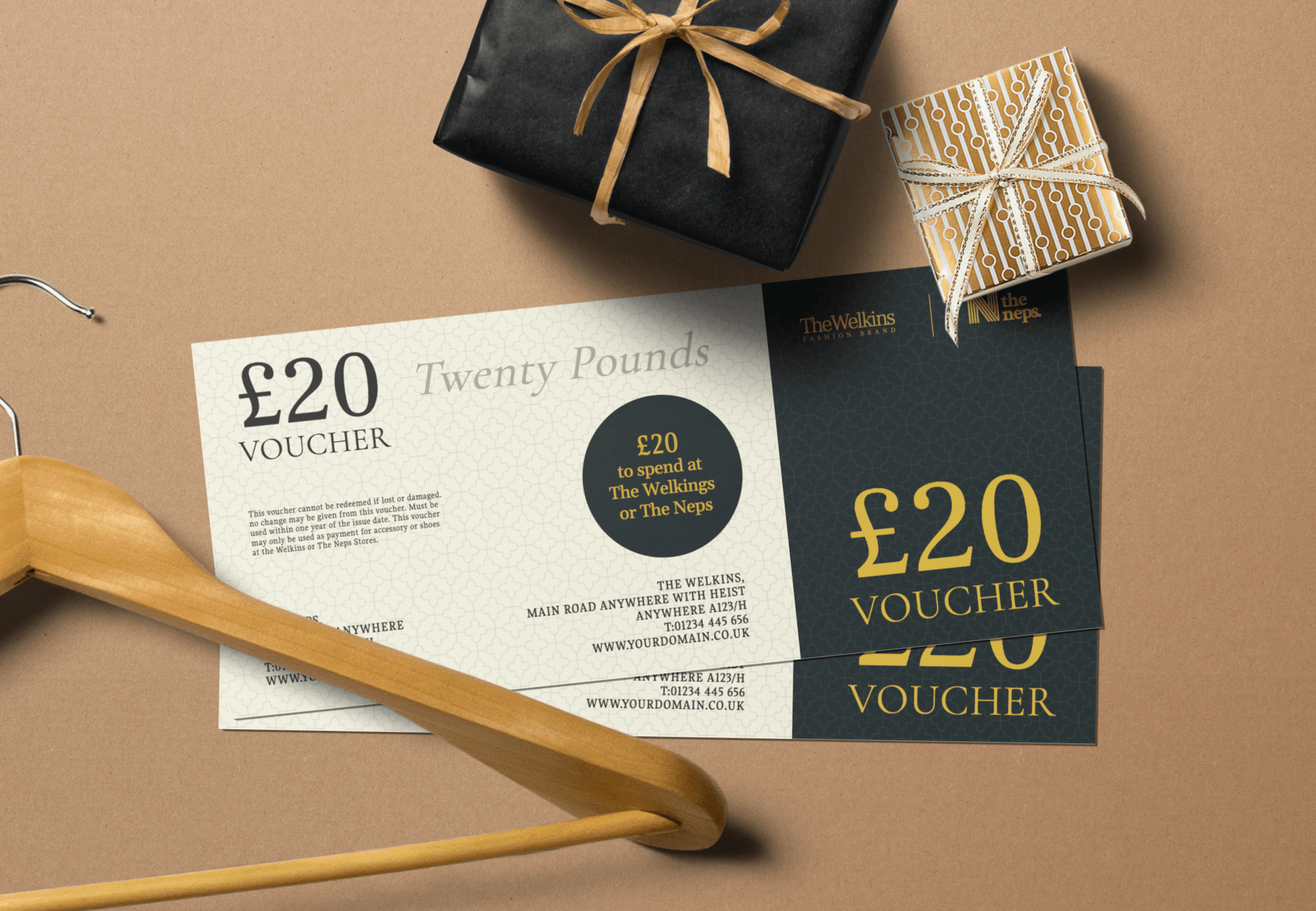 Free hotel amenity box mockup. Gift Voucher Card Mockup Scene